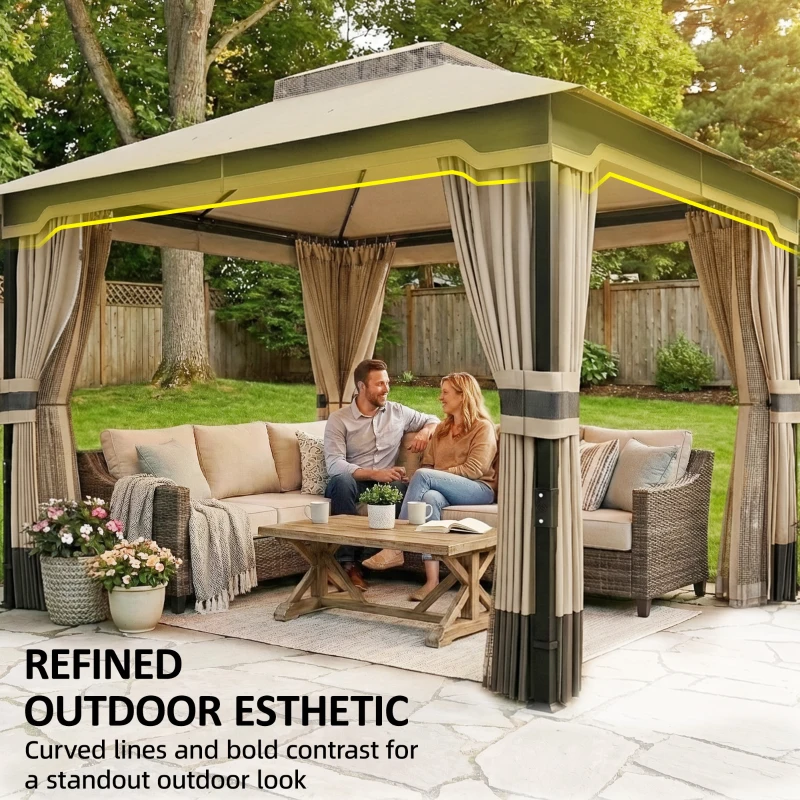 Outsunny Pavillon 3,6x3 m Wasserabweisend Stabil Winterfest Gartenpavillon mit Doppeldach Moskitonetz Seitenteile Abflusslöcher