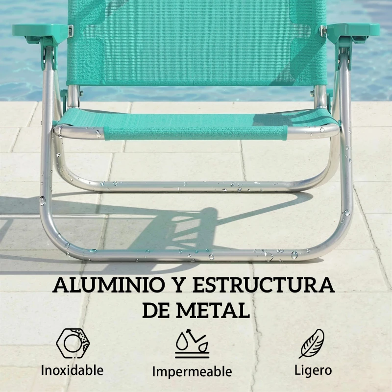 Outsunny Juego de 2 Sillas de Playa Plegables con Dosel Ajustable Respaldo Reclinable en 6 Posiciones Reposacabezas Turquesa