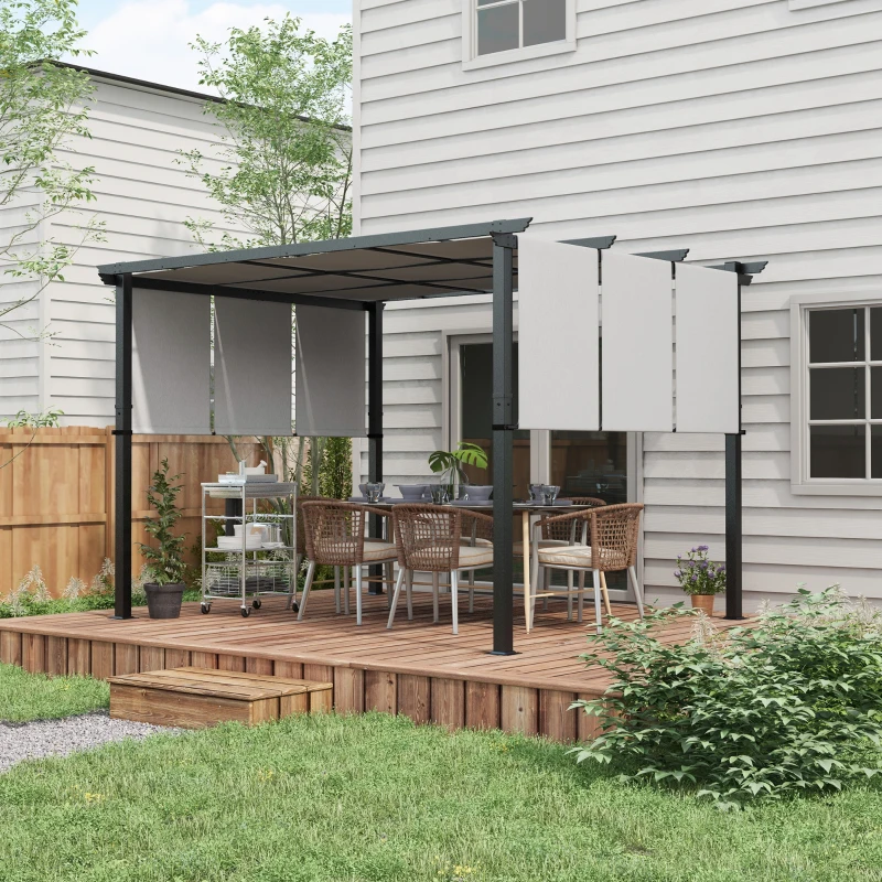 Outsunny Pergolă Gazebo 3x3.5 m cu 3 Acoperișuri Reglabile, din Oțel și Poliester Anti-UV, Gri Deschis