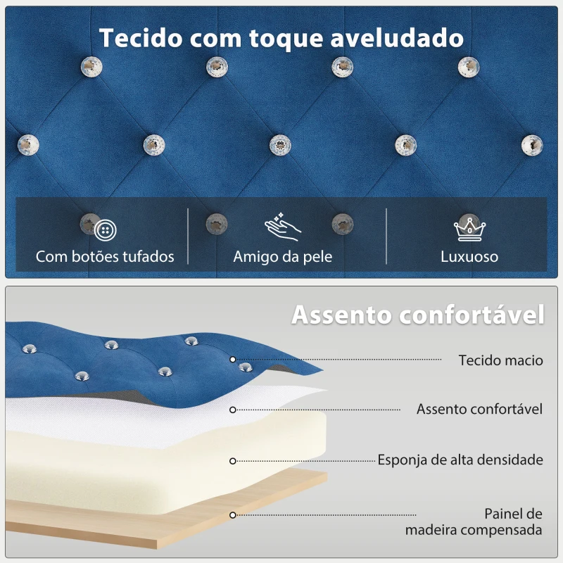 HOMCOM Banco ao Pé da Cama Estofado em Veludo Design Capitoné Base de Metal Banco para Quarto Entrada Sala 117x40x48 cm Azul Escuro
