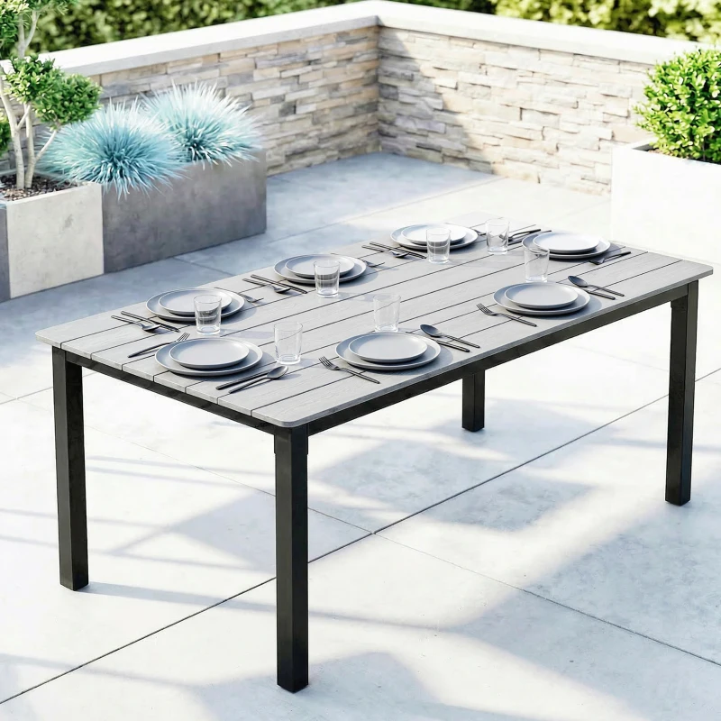 Outsunny Garden Dining Table for 6-8 Person, 180 x 86 cm Rectangular Outdoor Dining Table with Wood Slatted Top, Grey