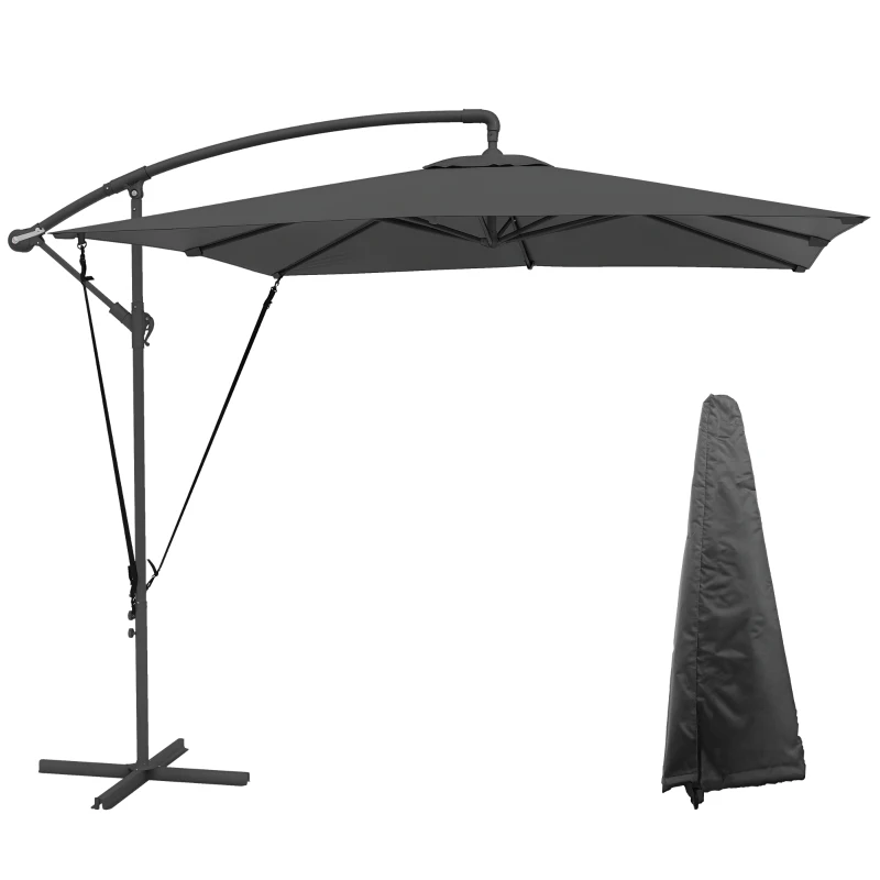 Outsunny Umbrelă de Grădină Suspendată 2.47x2.47 m, Umbrelă de Exterior cu Bază în Cruce, Corzi Antivânt, Gri Închis