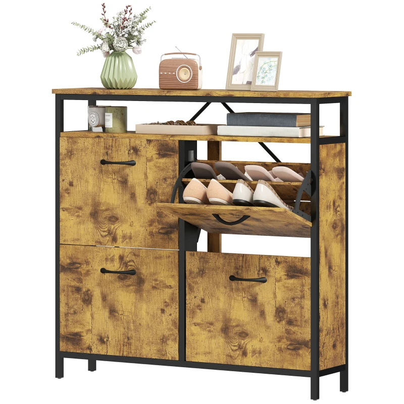 HOMCOM Schuhschrank mit 4 klappbaren Schubladen, schmales Design, offenes Regal, für 12-20 Paar Schuhe, Stahl, Braun