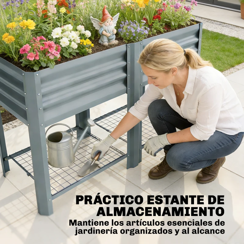 Outsunny Huerto Urbano Elevado con Estante Inferior Mesa de Cultivo de Metal Galvanizado con Forro 120x55x80 cm Gris Plateado