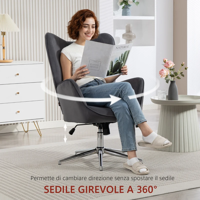 HOMCOM Poltroncina da Salotto Girevole con Braccioli in Velluto, con Dondolo e Altezza Regolabile, Grigio Scuro