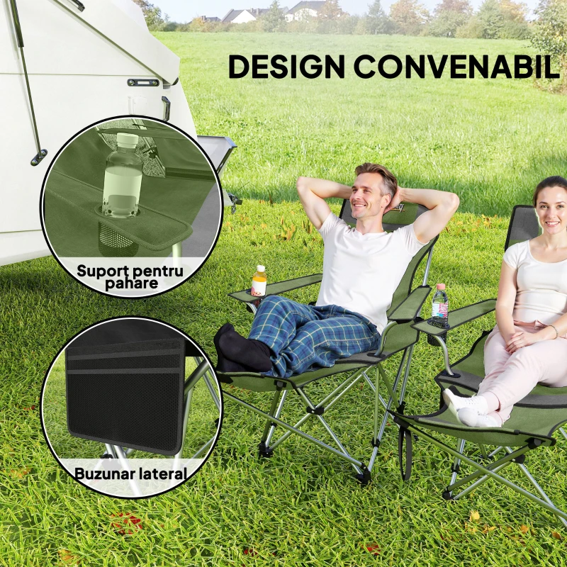 Outsunny Set de 2 Scaune de Camping Pliabile cu Suport pentru Picioare Detașabil, 82x100x88 cm, Negru