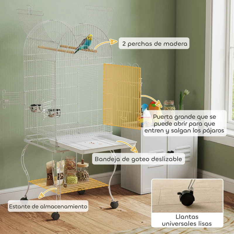 PawHut Jaula para Pájaros con Ruedas y Estante 51x51x153 cm con Parte Superior Abatible Comederos y Bandeja Extraíble Blanco