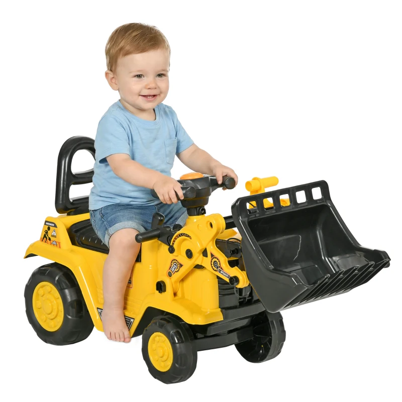 HOMCOM Excavadora para Niños de 18 a 48 Meses con Pala Delantera Bocina Volante y Compartimento Oculto 80x26,5x39 cm Amarillo