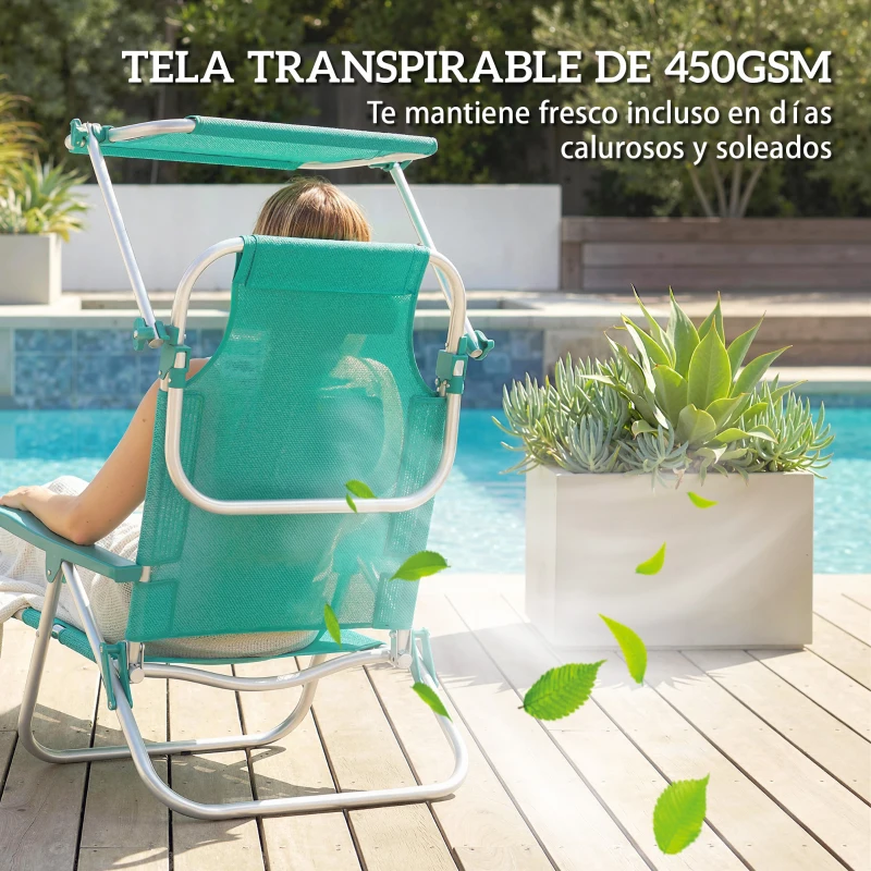Outsunny Juego de 2 Sillas de Playa Plegables con Dosel Ajustable Respaldo Reclinable en 6 Posiciones Reposacabezas Turquesa