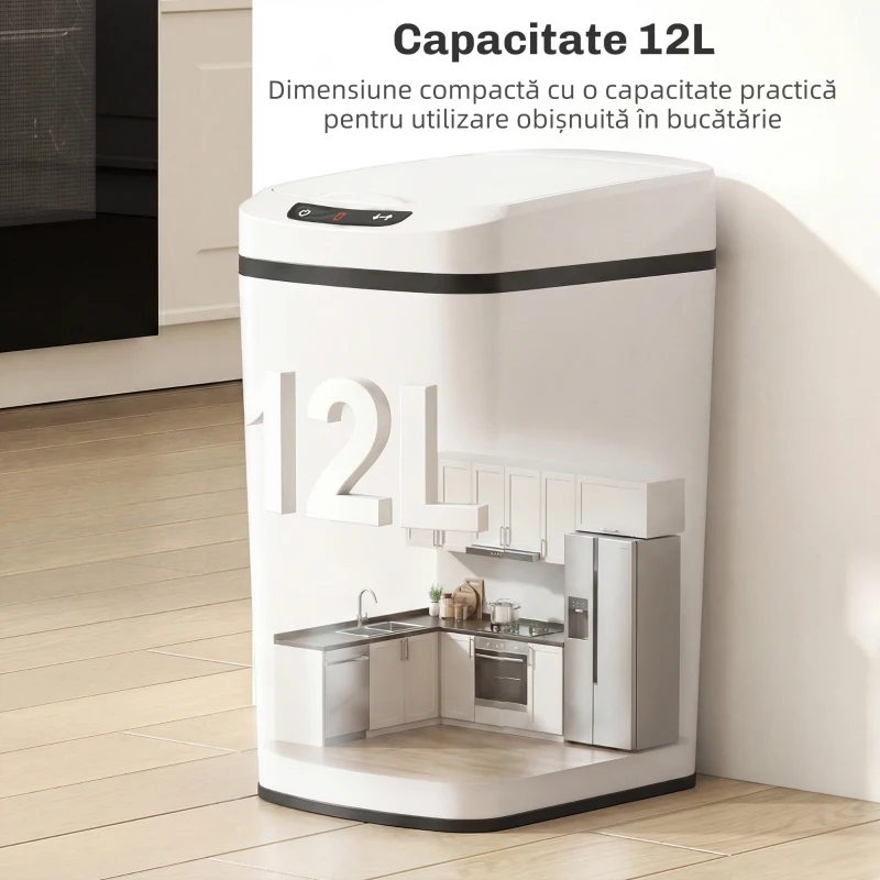 HOMCOM Coș de Gunoi cu Senzor, 12L, Buton Touch și Găleată Detașabilă, Oțel Inoxidabil, ABS și PP, 28x22x41 cm, Alb
