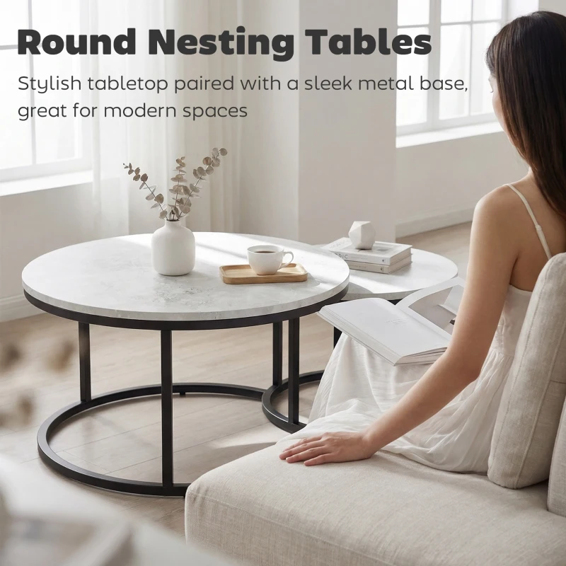 HOMCOM Set of Two Marble-Effect Stacking Tables - Wood Grey