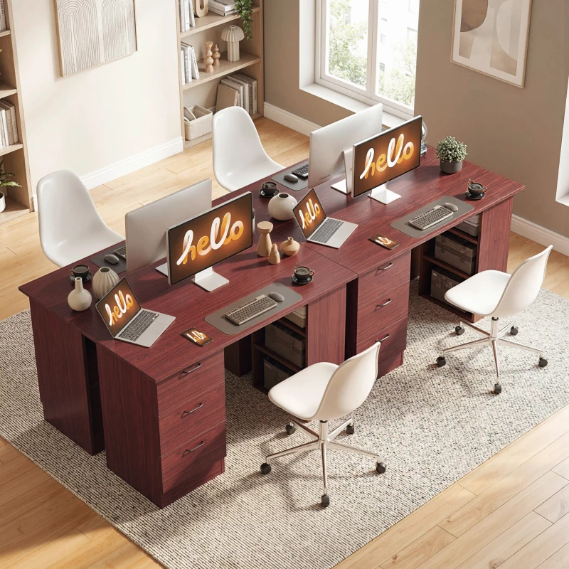 HOMCOM Computer Desk, Writing Table, PC Workstation with 3 Storage Shelves and Drawers, Handle, for Home Office, Walnut Brown