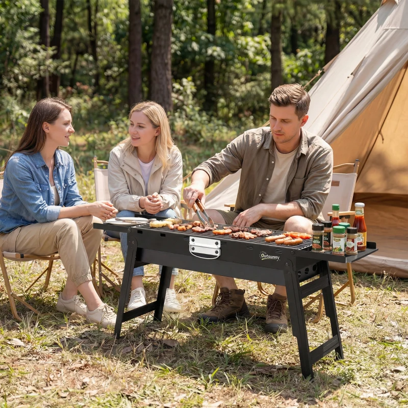 Outsunny Portable BBQ Grill, Foldable Charcoal Grill for Camping and Picnics with 2 Side Shelves and Handle, Black