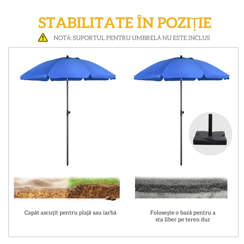 Outsunny Umbrelă de Plajă 1.8x2 m cu Inclinație la 45° și 8 Stecche, Poliester și Oțel, Albastru