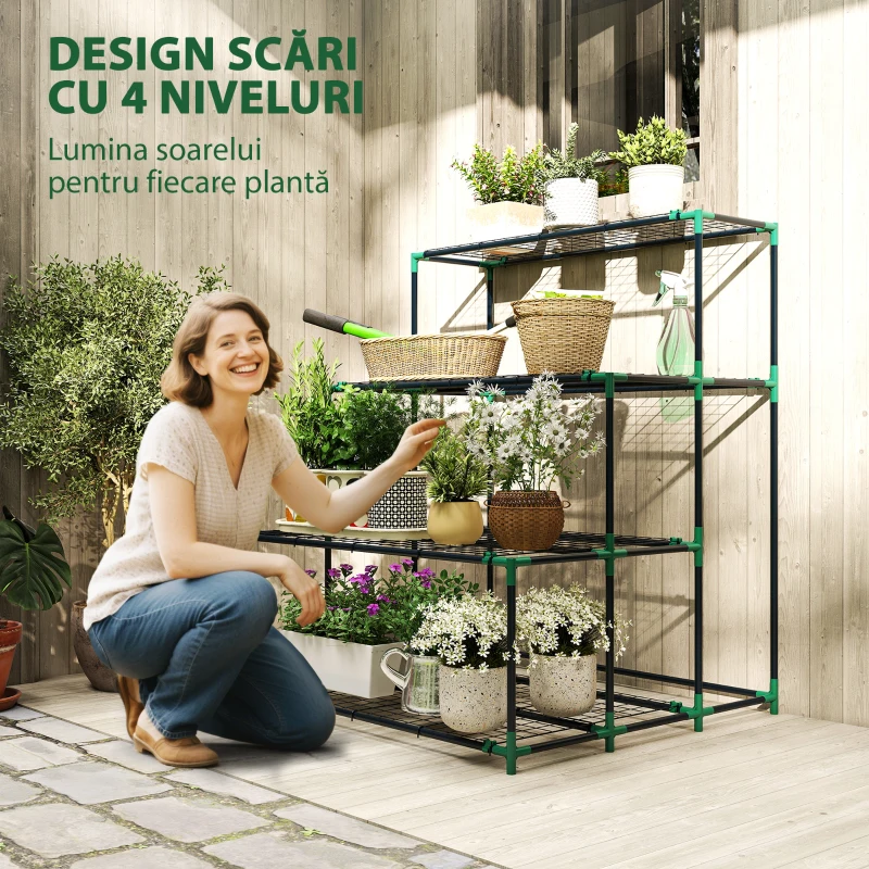 Outsunny Raft Suport Plante cu 4 Niveluri din Oțel, 94x84x110 cm, Verde Închis