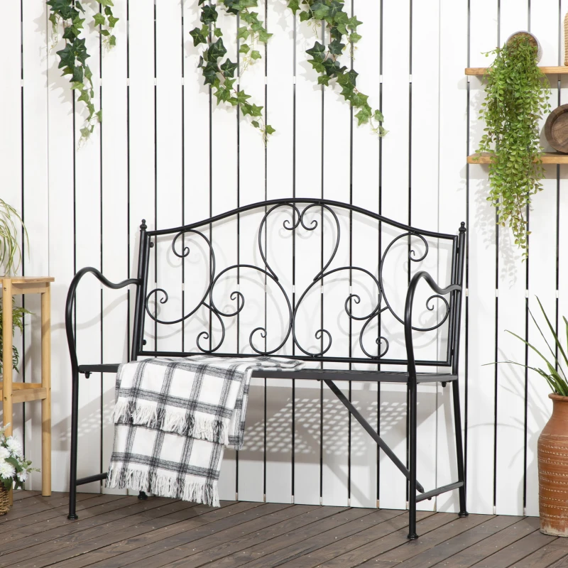 Outsunny Banc de jardin 2 places banquette extérieur terrasse patio en acier style romantique - 106 x 42 x 95 cm noir