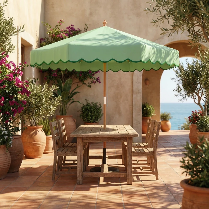 Outsunny Ombrellone rotondo stile retrò chic effetto legno, 230 cm, Verde chiaro