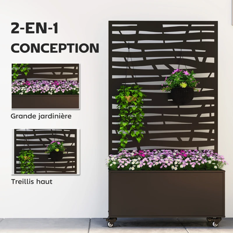 Outsunny Jardinière avec treillis, bac à fleurs en métal avec brise-vue et roues, treillis découpé en lattes, 90x30x160cm, noir