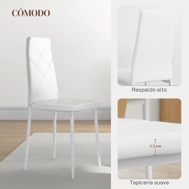 HOMCOM Set de 6 Sillas de Comedor Tapizadas de Cuero Sintético con Respaldo Alto y Patas de Acero 41x50x97 cm Blanco