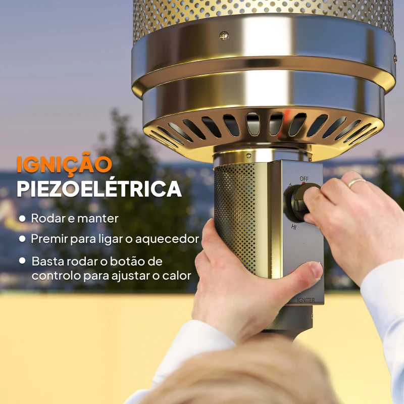Outsunny Aquecedor a Gás 13 KW com Temperatura Ajustável Proteção Contra Tombos Ignição Piezoelétrica e Rodas 82x82x222 cm Cinzento