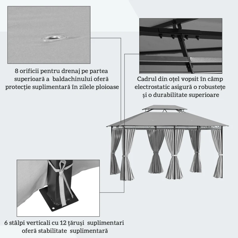Outsunny Foișor 4x3 m cu 6 Perdele și Acoperiș cu 2 Niveluri, din Oțel și Poliester, Gri Închis