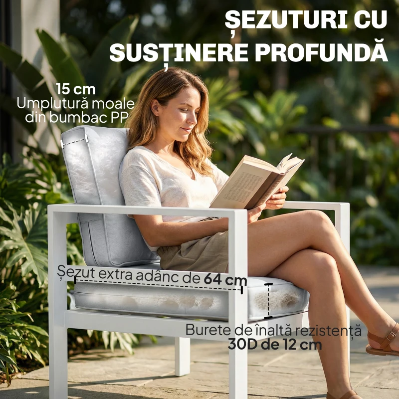 Outsunny Mobilier de Grădină din Aluminiu cu Canapea 3 Locuri, 2 Fotolii și Masă pentru Exterior, Alb