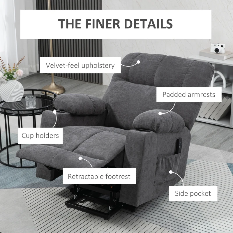 HOMCOM Fotel z funkcją podnoszenia dla seniora, funkcja leżenia, z pilotem, 144 cm x 91 cm x 88 cm, Ciemnoszary