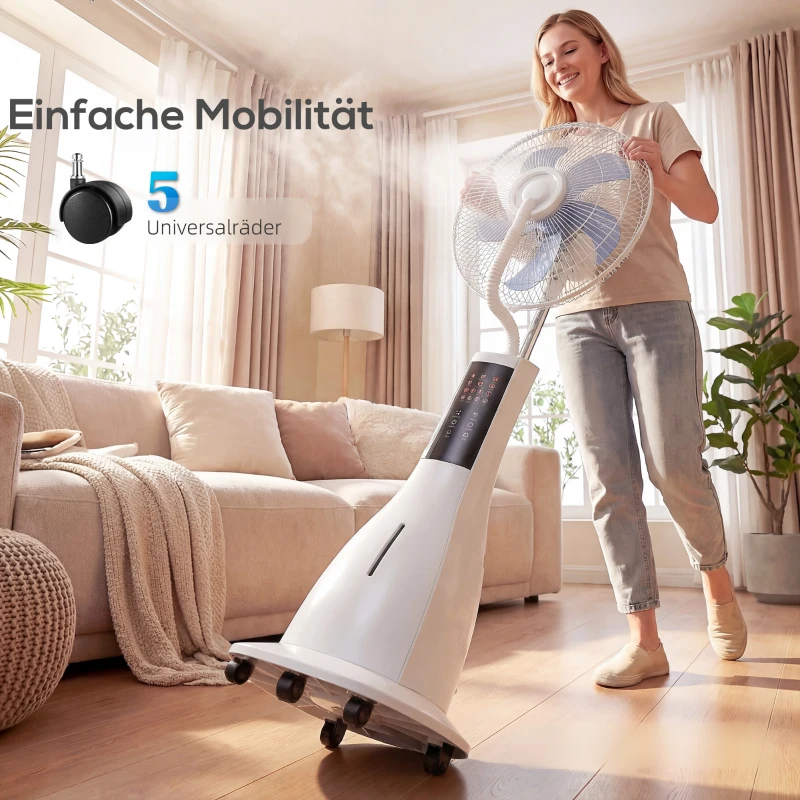 HOMCOM Stehventilator mit Wassernebel, 75° Oszillation, 3 Geschwindigkeiten, 3 Modi, Weiß