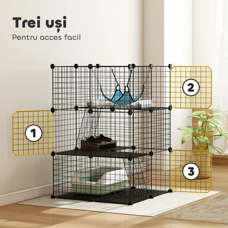 PawHut Cușcă pentru Pisici Gard Personalizabil pe 3 Niveluri, 105 cm, Negru