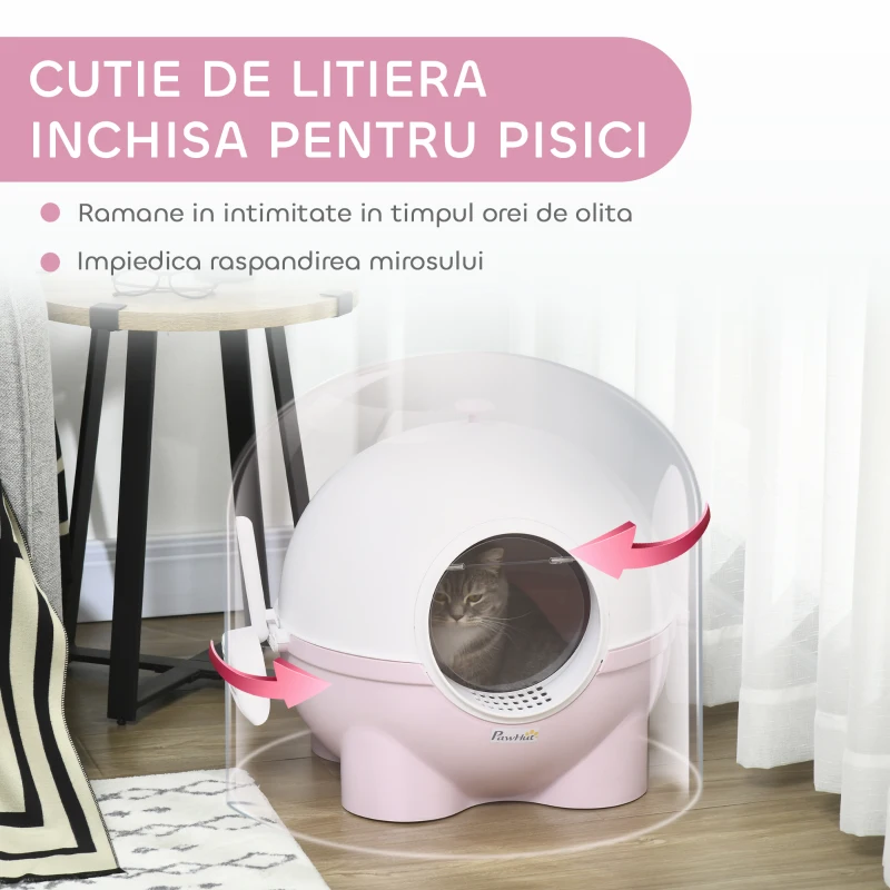PawHut Litiere pentru Pisici 4kg Max cu Capac și Lopățică Inclusă, 53x51x48 cm, Albă și Roz
