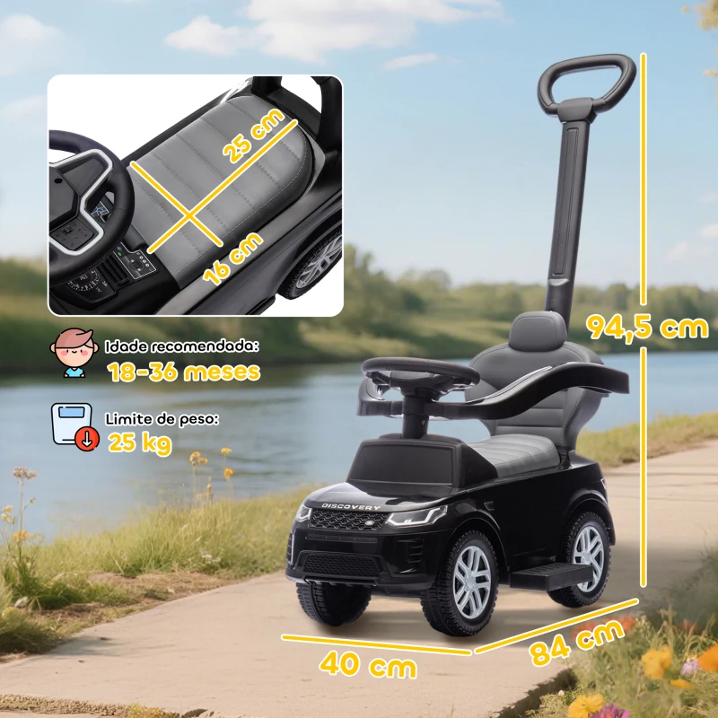 AIYAPLAY Carro Andador 2 em 1 para Crianças Land Rover Discovery com Buzina Pega de Empurrar e Barra Removíveis 84x40x94,5 cm Preto