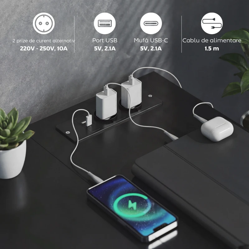 HOMCOM Birou de Colț Reversibil cu Prize de Curent și Porturi USB, 126 x 48 cm, Birou în Formă de L cu 6 Sertare din Material Textil, Cârlig Lateral, pentru Computer, Birou, Studiu, Acasă, Negru