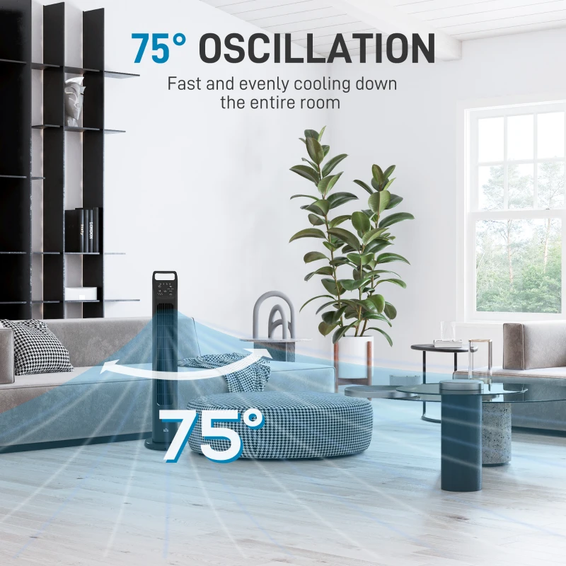 HOMCOM Wentylator wieżowy, elektryczny wentylator z pilotem, oscylacja 75°, 3 prędkości, 3 tryby, 7,5-godzinny timer, cichy, bezłopatkowy wentylator do sypialni i biura, czarny