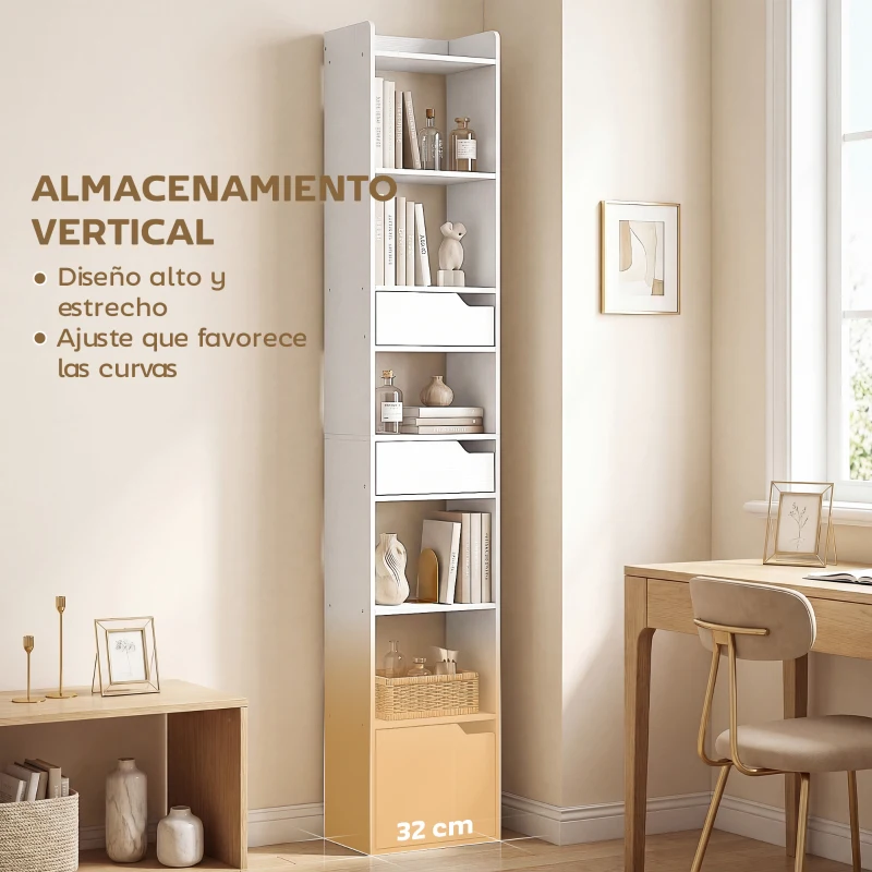 HOMCOM Estantería para Libros con 2 Cajones y Puerta Librería Estrecha con 6 Estantes Abiertos 32x24x181,5 cm Blanco