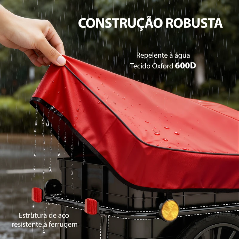 HOMCOM Reboque de Bicicleta com Cobertura de Tecido Oxford Impermeável, Refletores Estrutura de Aço e Alças para Transporte 144x59x80 cm Vermelho e Preto
