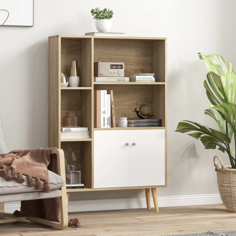 HOMCOM Bibliothèque scandinave meuble de rangement dim. 80L x 23,5l x 123H cm 5 niches placard 2 portes pieds effilés inclinés