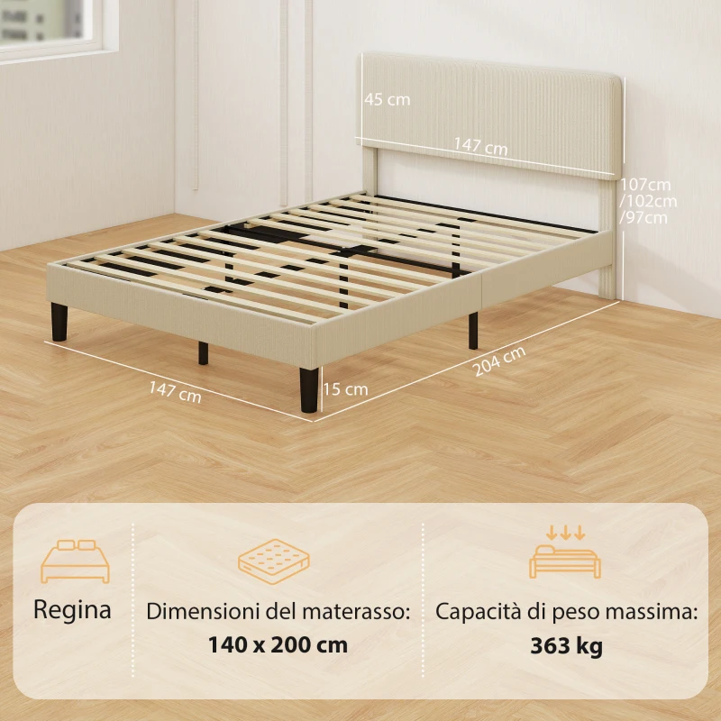 HOMCOM Struttura Letto 140x200 cm con Testiera Imbottita Regolabile in Altezza e Doghe, Velluto a Coste, Grigio