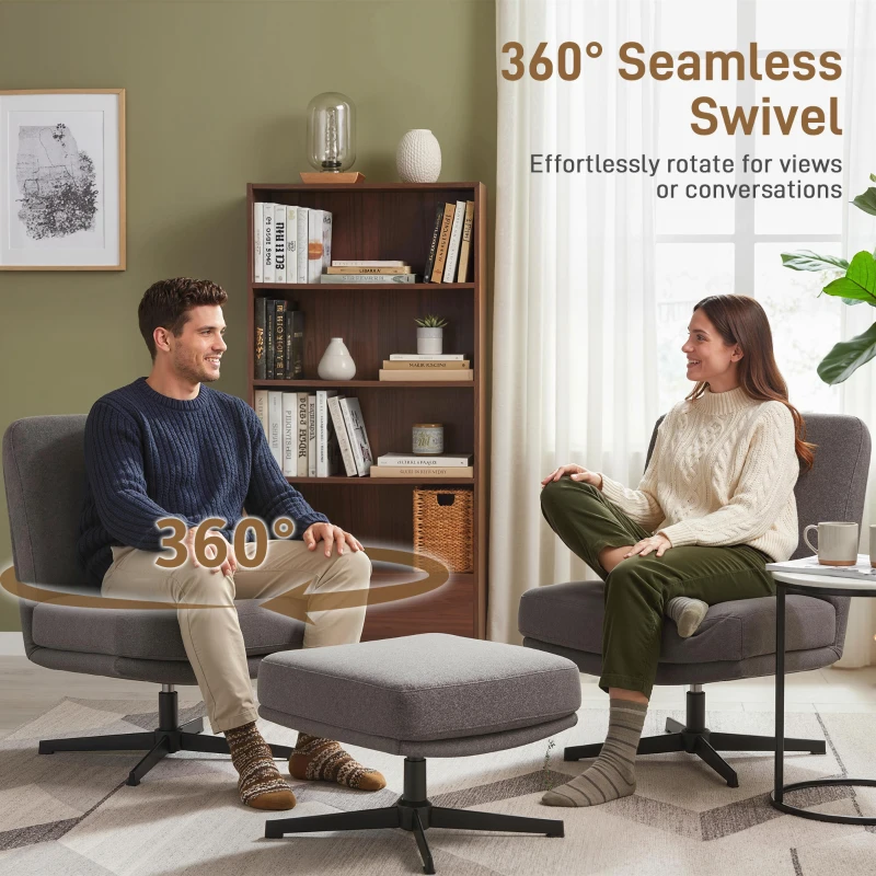 HOMCOM Fotel z Podnóżkiem Obracany w Stylu Lnu do Salonu Ciemnoszary