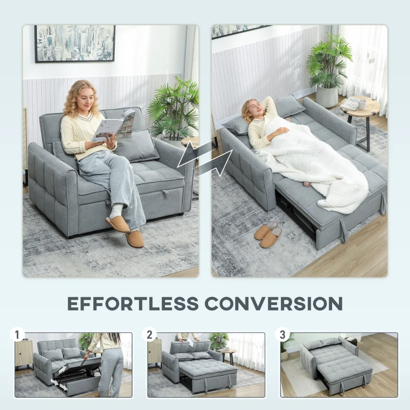 HOMCOM 2 Seater Sofa Bed, 3-in-1 Convertible Sleeper Sofa with Click-clack Adjustable Backrest and 2 Pillows, Grey