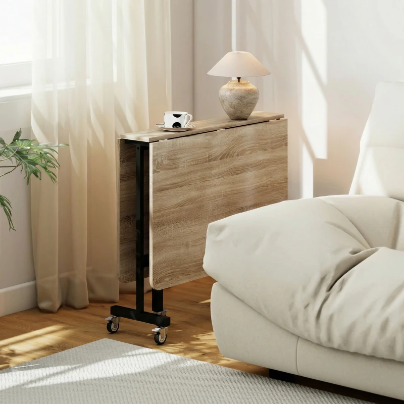 HOMCOM Masă Pliabilă pentru 4-6 Persoane cu 2 Extensii și Roți cu Frână, 120x80x73 cm, Stejar