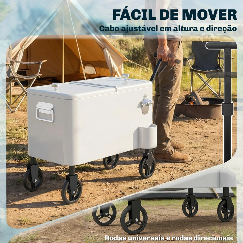 Outsunny Carro Frigorífico de 56L com Rodas Pega Ajustável Abre-garrafas Recolhe-tampas Dreno 75x35x120 cm Branco