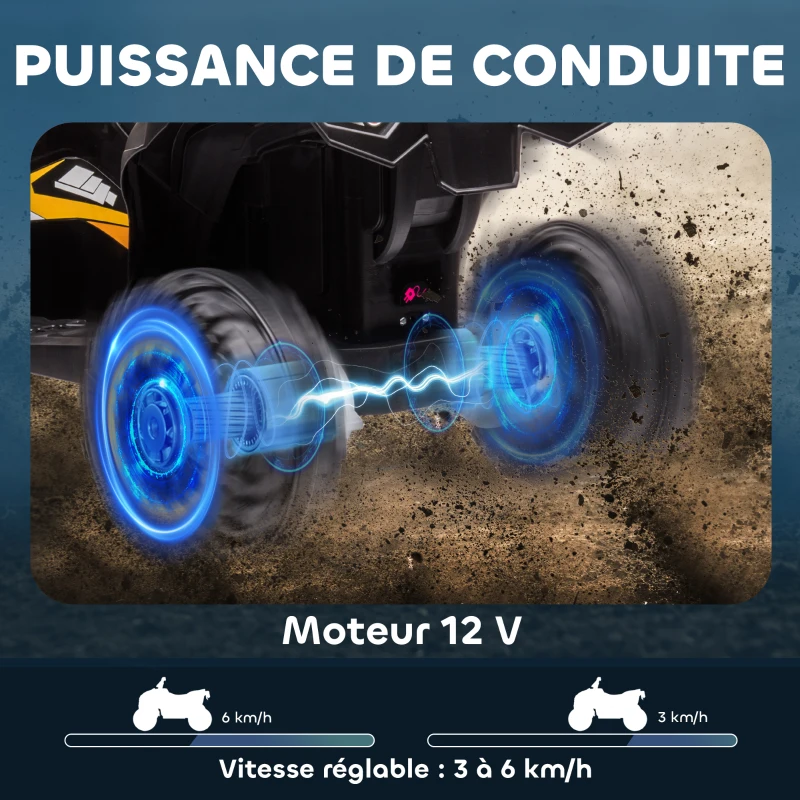 HOMCOM Quad électrique enfant 12 V, voiture électrique enfants 2 moteurs 2 vitesses 3-6 km/h, phares LED, klaxon, pour enfant de 3 à 5 ans, poignée et selle ergonomique, jaune(m-4)