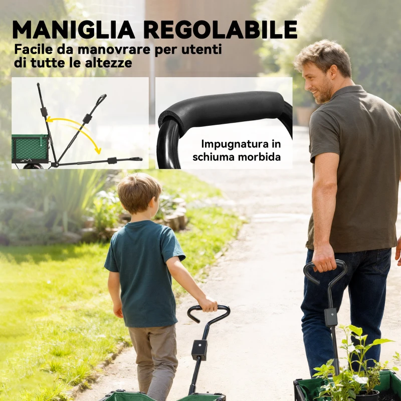 Outsunny Carrello da Giardino in Acciaio da 114L con Sacca Portaoggetti e Pareti Rimovibili, 105x51x54 cm, Verde