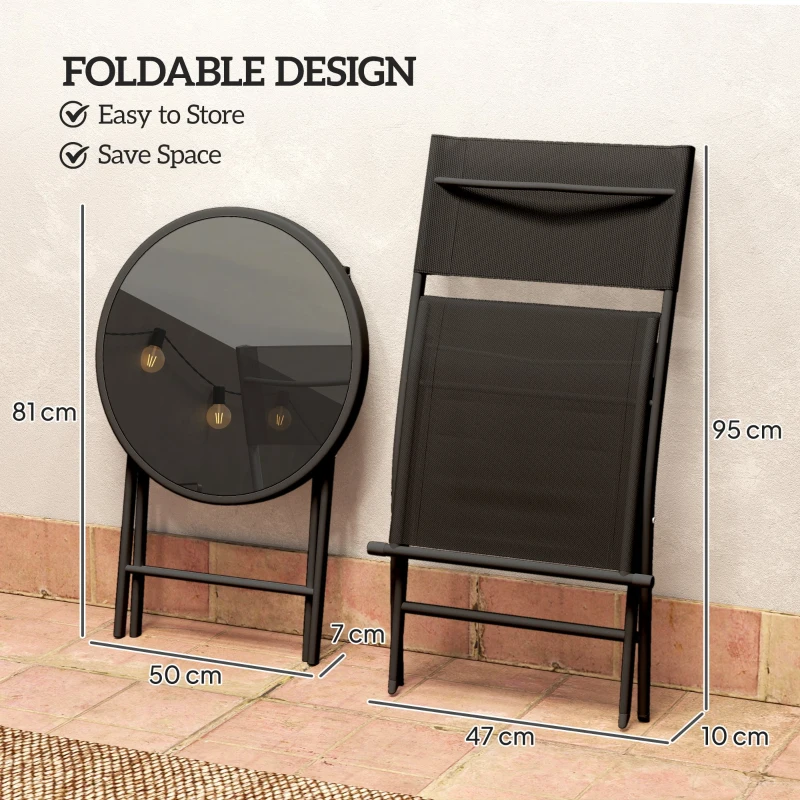 Outsunny 3 Pieces Outdoor Bistro Set, Glass Top Outdoor Table and 2 Folding Chairs with Protecting Feet, Black