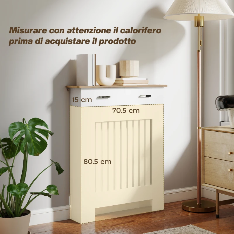 HOMCOM Copritermosifone a Doghe Antiribaltamento con Cassetto, in Legno, 78x19x97 cm, Bianco