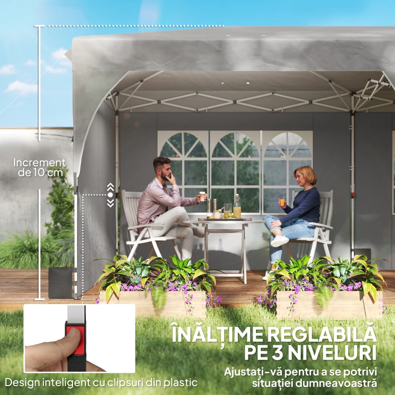 Outsunny Gazebo 3x6 m Pliabil Pop Up cu Înălțime Reglabilă, Gazebo Exterior cu Benzi Reflectorizante, Pereți Laterali, Saci de Nisip, Geantă de Transport, UV50+, pentru Camping, Petreceri, Gri Deschis