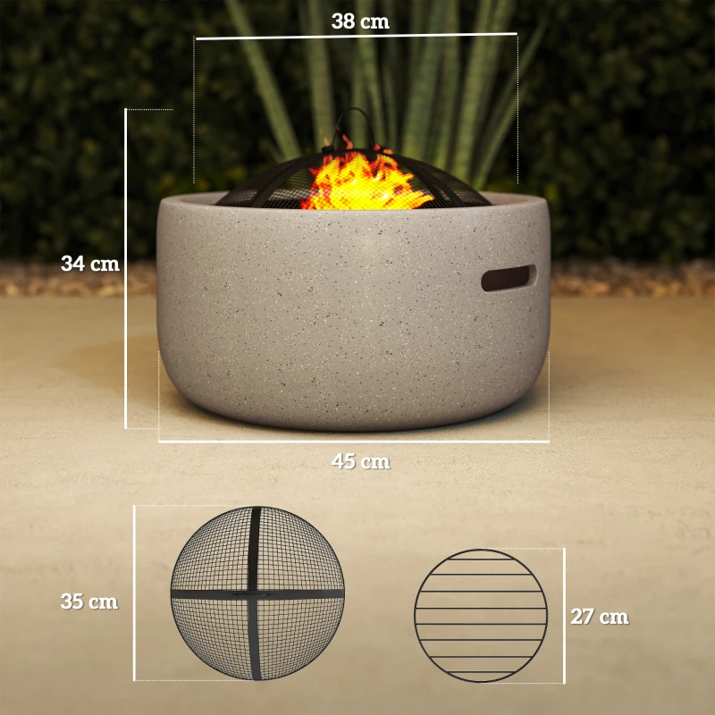 Outsunny Brasero cheminée foyer extérieur rond à bois en métal tisonnier pare-étincelle grille et poignée diamètre 45 cm gris