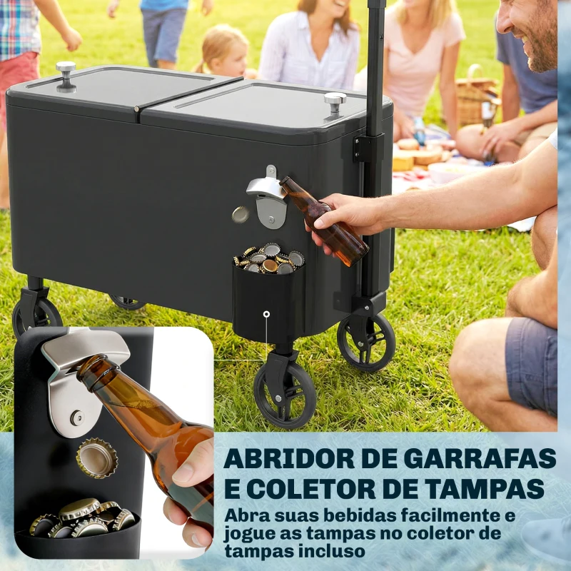 Outsunny Carrinho Frigorífico de 56L com Rodas Pega Ajustável Abre-garrafas Recolhedor de Tampas Dreno 75x35x120 cm Preto
