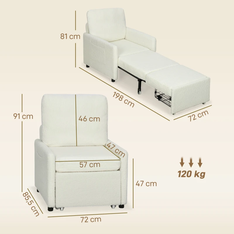 HOMCOM Klappsessel für 1 Person, Schlafsessel mit verstecktem Stauraum, breiter gepolsterter Sitz, 72 x 85,5 x 91 cm, creme
