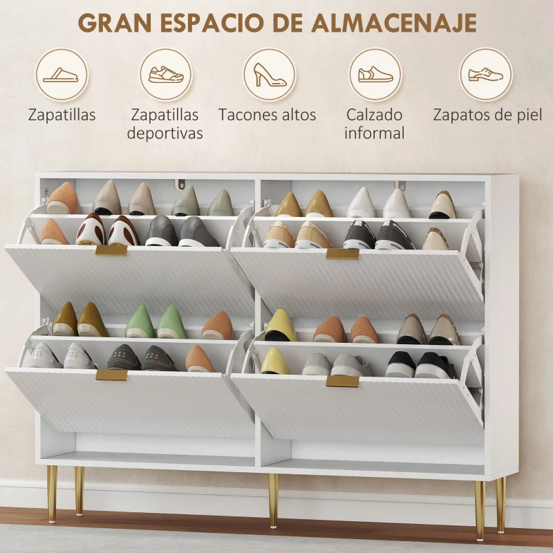 HOMCOM Zapatero Estrecho con 4 Puertas Acanaladas con Estantes Ajustables para 20 Pares de Zapatos 105x24x91,5 cm Blanco